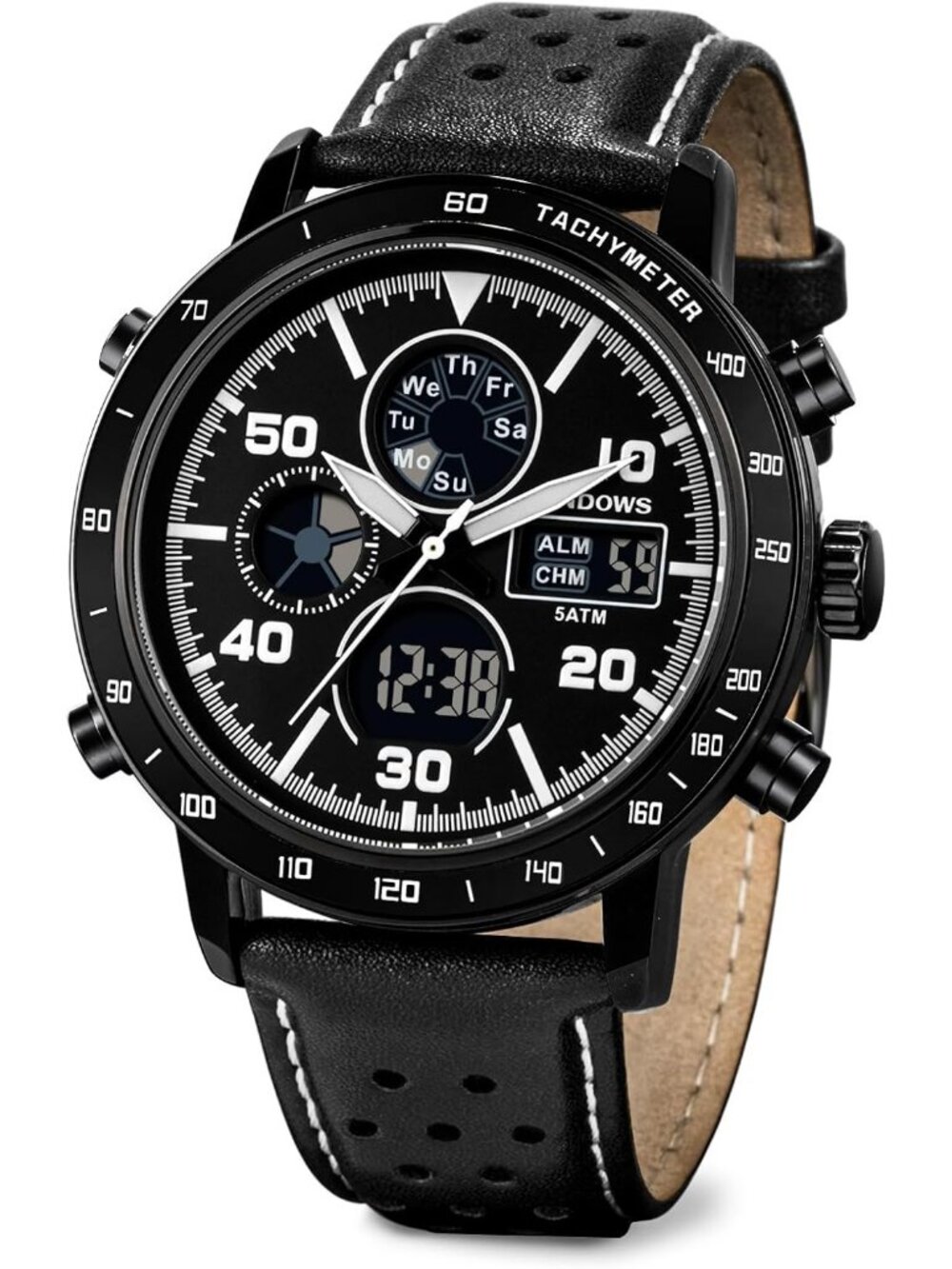 Men's Black Analog Leather Waterproof Military Multifunctional LED Digital Watch